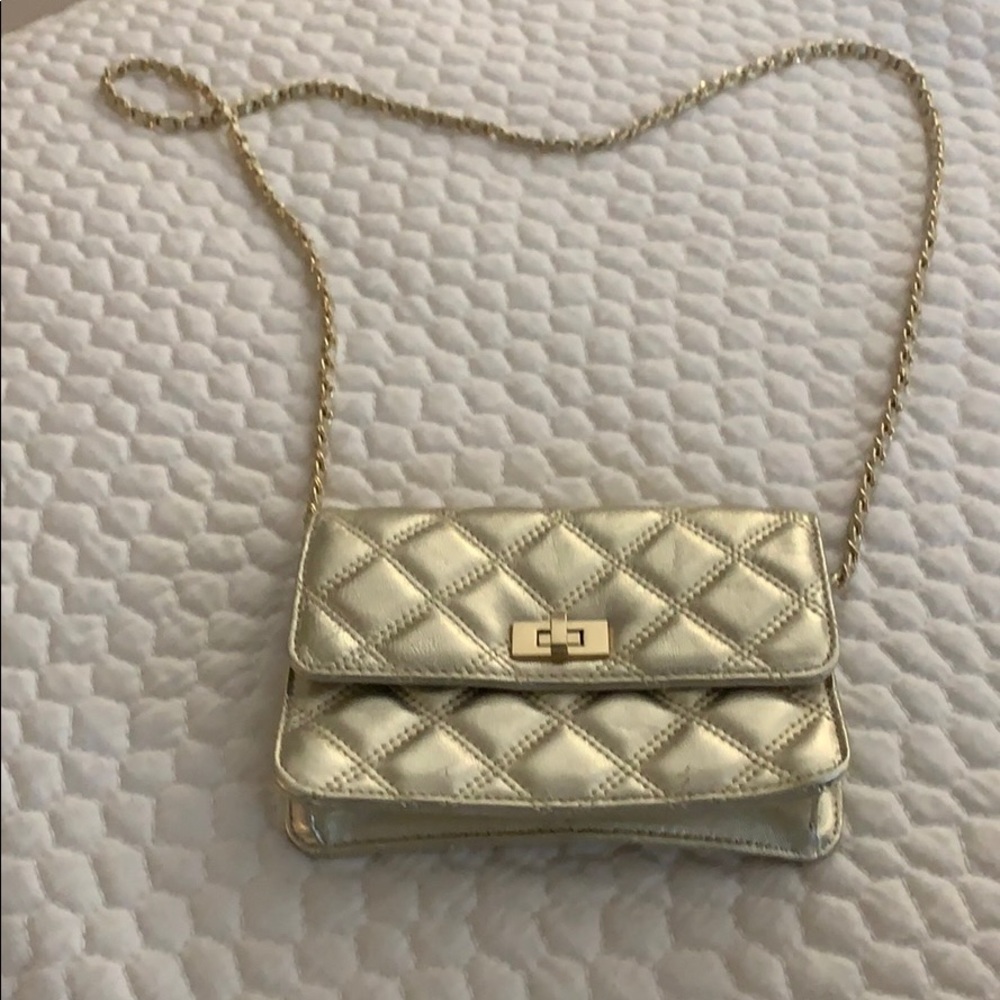 Gold cross body purse.